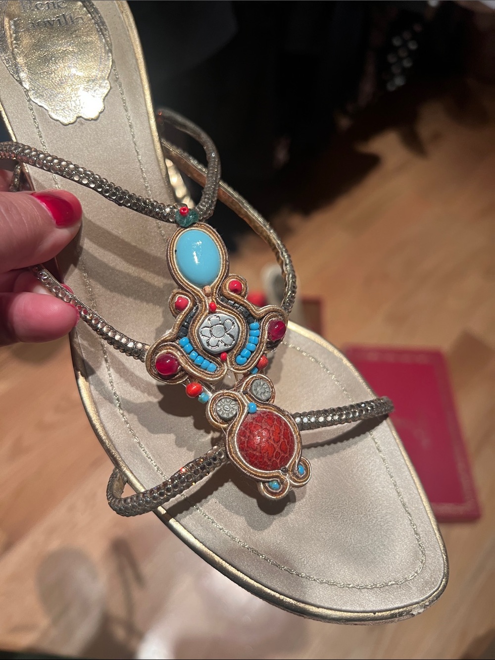 Rene Caovilla Beige Sandals with Turquoise and Red Embellishments - Picture 4 of 9